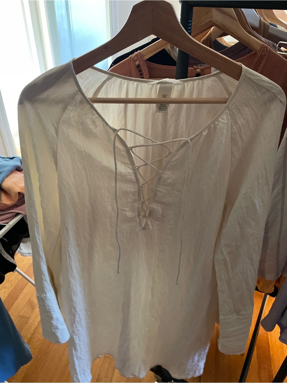 H&M Cream Lace-Up Long Sleeve Peasant Blouse
